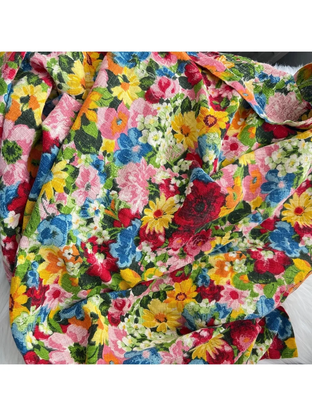 Vintage Bright Floral Linen Blend Fabric 1 Yard Curtain Panel Craft Upholstery